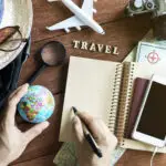 Outfits and accessories of traveler on wooden background with copy space, Travel concept