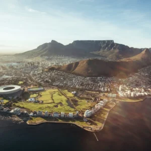 Aerial view of Cape Town with Cape Town Stadium, Lion's Head and Table mountain.