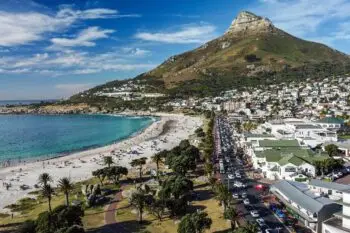 An aerial view of the city of Cape Town and Lion's head mountain in South Africa