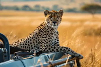 An AI-generated illustration of a cheetah resting on a car hood in a vast grassland