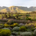 View across a tranquil landscape, river valley and a mountain range